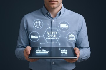 Supply Chain Management Visualization: Person Holding Tablet Displaying Logistics Network and Global Distribution Concepts