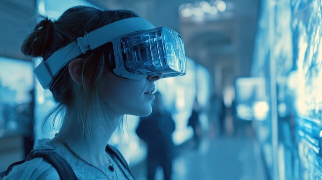 Woman Immersed in Virtual Reality: Exploring Futuristic Technology and Interactive Digital Experiences in Metaverse