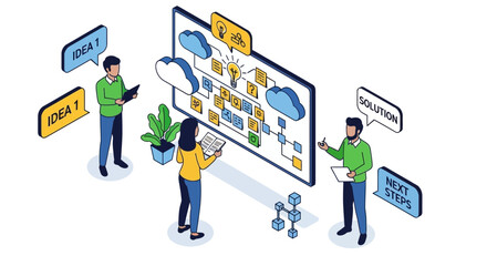 Collaborative Team Brainstorming Session with Idea Bubbles and Flowchart Display