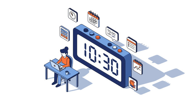 Digital Clock and Planner with Person Working on Laptop Isometric View