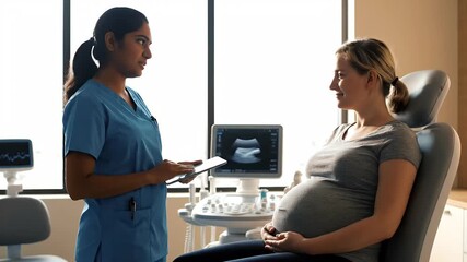 Caring nurse explains ultrasound results to expectant mother in modern clinic setting, fostering trust and hope.