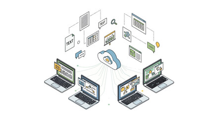 Isometric Illustration of Cloud Computing and Data Sharing Network