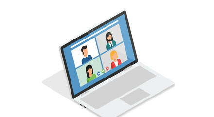 Isometric Laptop Displaying Video Conference with Four Diverse Participants