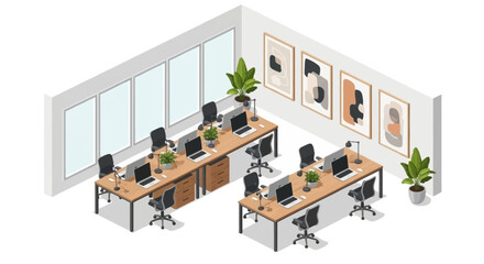 Isometric Office Interior with Desks Computers Chairs and Plants