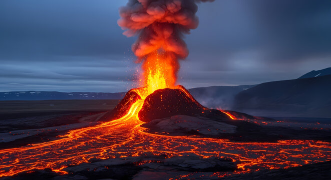 Dramatic volcanic eruption at dusk with glowing lava flows and a massive smoke plume against a dark sky. - Powered by Adobe