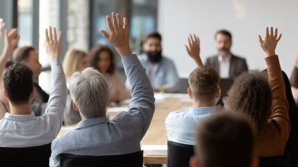 Diverse group raising hands in corporate business meeting signifying agreement and engagement during presentation