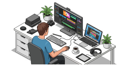 Video Editor at Work with Dual Screens and Coffee Cup