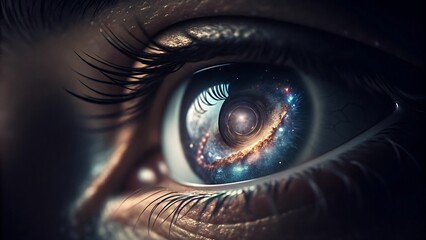 A close up of an eye reflecting a galaxy with long eyelashes and detailed skin texture