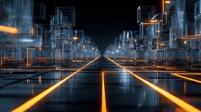 Futuristic Cityscape with Glowing Lines and Transparent Buildings, Representing Connectivity, Technology, and Modern Urban Planning
