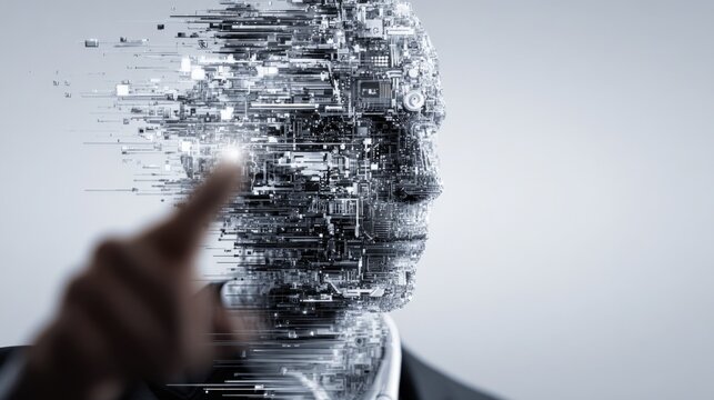 Artificial Intelligence Conceptual Image with Humanoid Figure Emerging from Digital Data Stream, Represents Machine Learning