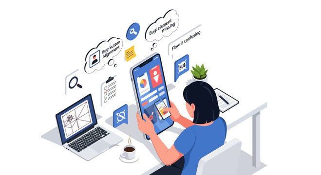 Software Developer Debugging Mobile App Interface with Laptop and Coffee