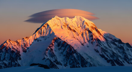 Majestic snow-capped mountain peak illuminated by the golden hues of sunrise, with a unique lenticular cloud formation hovering above.