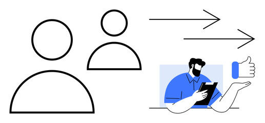 Two user icons connected by arrows toward a professional holding a tablet and presenting a thumbs-up sign. Ideal for teamwork, communication, feedback, collaboration, management, user interaction