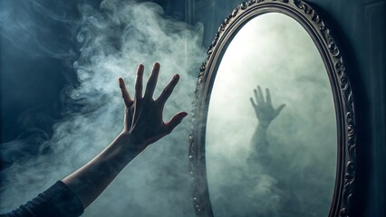 A hand reaching toward an oval mirror with a smoky reflection and dark blue background with smoke