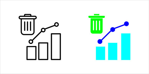 Waste_Management_Progress_Chart_Iconset.illustration showing a bar graph with an upward trend line and a trash can symbol on top. This is presented in three styles (outline, solid, and color)