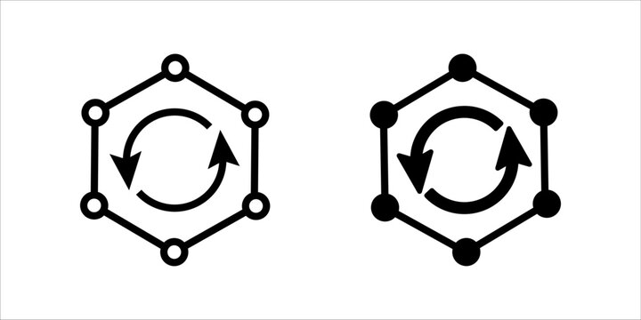Hexagon_Recycle_Chemical_Loop_Process_Icon olid black vector icon illustration showing a hexagon structure made of connected nodes (representing a chemical or digital structure) with two circular arro