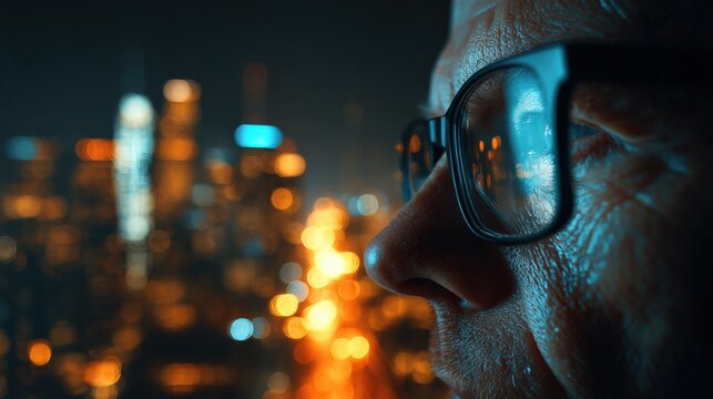 Contemplative Man Gazing at City Skyline at Night Through Window with Reflection in Glasses
