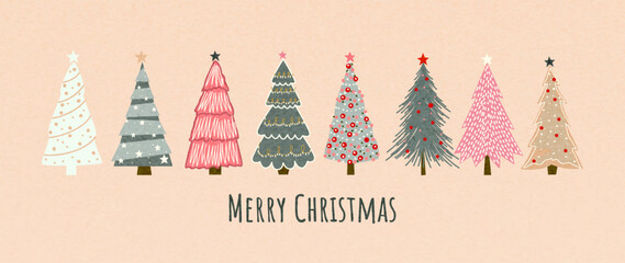 Christmas holiday card with hand-drawn cartoon-style Christmas trees for greeting cards, banners, backgrounds, covers, and invitations.