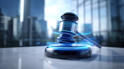 Gavel with futuristic glowing effects symbolizing digital law, technology, justice, and legal innovation within a modern city