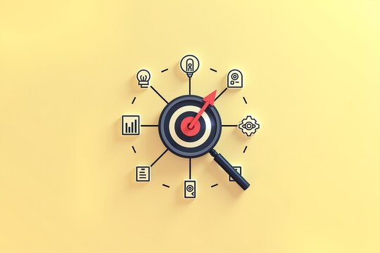 Magnifying glass targets goal, surrounded by icons: innovation, data, time, gearssymbolizing focused strategy and progress.