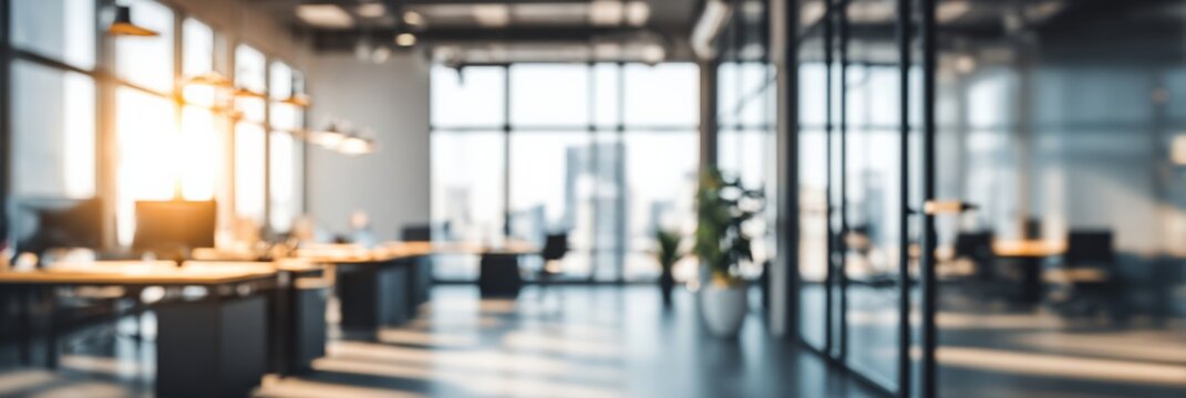 Blurred Interior of a Modern Open Plan Office with Natural Light and Glass Partitions