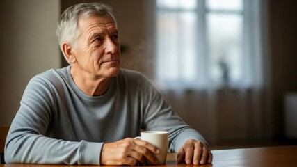Pensive senior Caucasian man with gray hair sitting at a wooden table, holding a steaming mug of coffee or tea, looking thoughtfully to the side in a cozy home interior. - Powered by Adobe