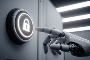 Robot Hand Activating Security System with Glowing Padlock Symbol for Modern Technology Applications