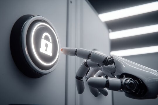 Robot Hand Activating Security System with Glowing Padlock Symbol for Modern Technology Applications
