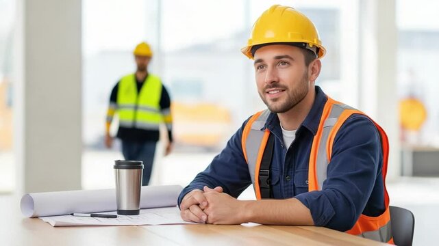Smiling young male construction worker in hard hat and safety vest sitting at a desk with blueprints and coffee, looking away in a bright modern office.