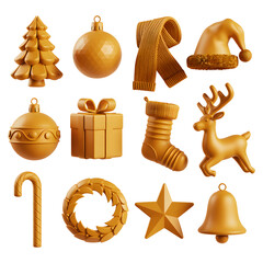 Set of 3D Decorative Golden Christmas Icons on Transparent Background