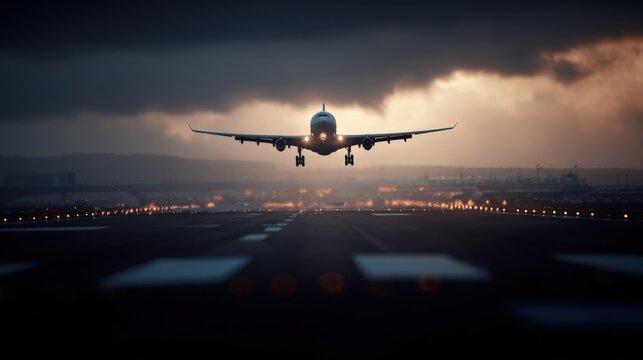 Dramatic airplane landing on runway with dark clouds and city lights in the background