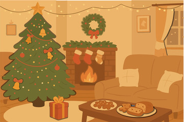 Fototapeta premium Cozy Family Christmas Living Room with Tree, Fireplace, and Holiday Decorations