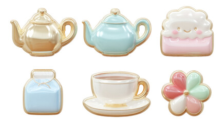 Colorful Cartoon Teapots and Cup Icons with Playful Designs on Transparent Background