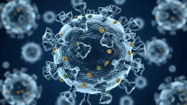 Microscopic view of the novel coronavirus COVID19 a highly contagious respiratory virus causing a global pandemic and health crisis depicted with detailed viral spikes and genetic material. - Powered by Adobe