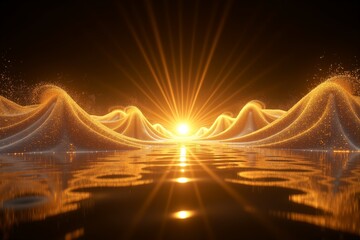Golden waves glow under radiant sun, reflecting light on dark water. Abstract, serene digital landscape.