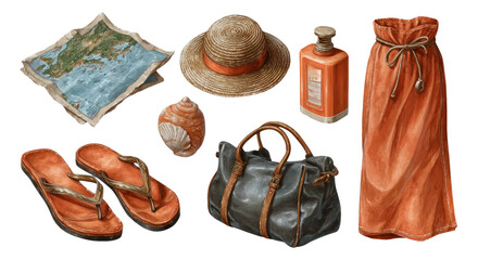 Beach Vacation Essentials Map Hat Sunscreen Bag Sandals and Skirt Isolated Art