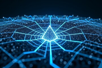 Blue digital grid converges on glowing pyramid, futuristic network of light lines against dark background.