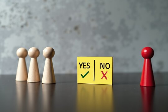 Wooden and red game pieces stand before "Yes/No" sign, symbolizing decision-making or voting in a simple, conceptual setup.
