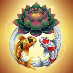 Beautiful of Cute Decorative Koi and Lotus in Golden Background