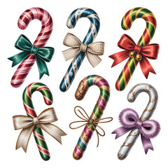 Set of 3D Christmas Candy Canes with Ribbon Bows on Transparent Background