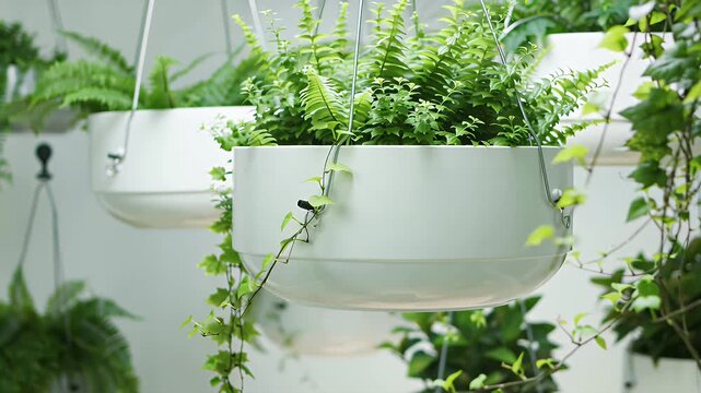 Indoor vertical garden with white hanging planters cultivating fresh green herbs