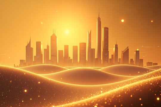 Golden desert dunes meet futuristic skyline at sunrise, surreal harmony of nature and urban architecture under warm orange glow. - Powered by Adobe