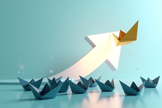 Golden paper boat sails upward on white arrow, leading others past teal ships against soft blue background.