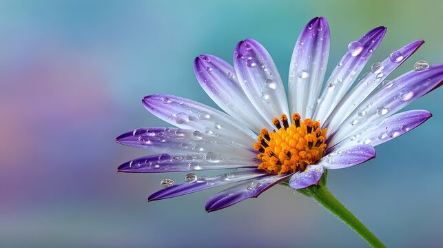 Close up macro view of a delicate white and purple daisy flower covered in sparkling morning dew drops with a soft pastel bokeh background - Powered by Adobe