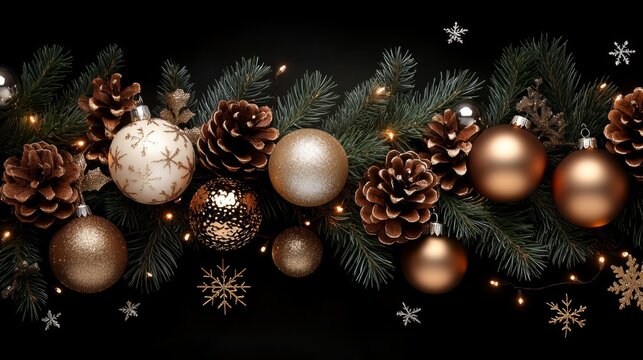 Christmas border made pine branches cones are decorated Festive decorations