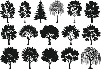 Collection of various tree silhouettes set, black forest tree shapes isolated on white background, natural plant vector illustration for design and decoration, ecology concept