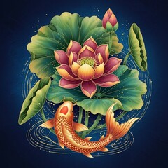 Beautiful of Cute Decorative Koi Fish with Lotus Blossom Design