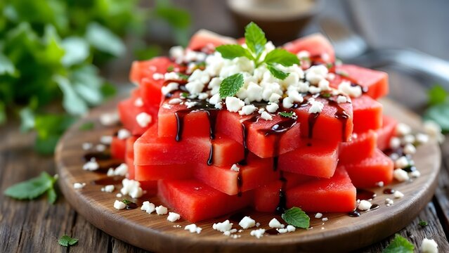 A refreshing watermelon salad with crumbled feta cheese, fresh mint, and a balsamic glaze drizzle served on a rustic wooden board. - Powered by Adobe