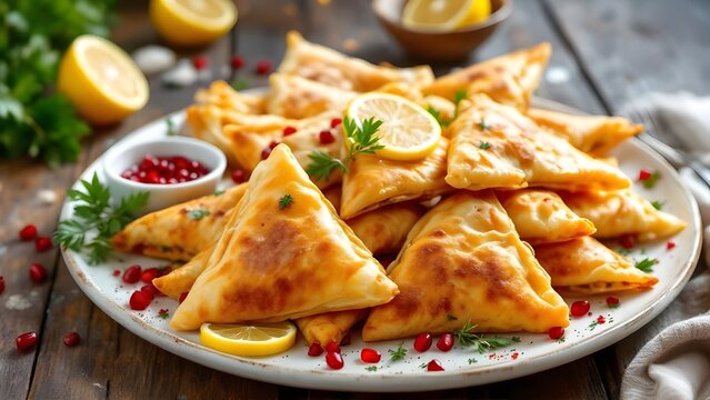 A delicious platter of golden triangular pastries garnished with fresh lemon, parsley, and pomegranate seeds. - Powered by Adobe
