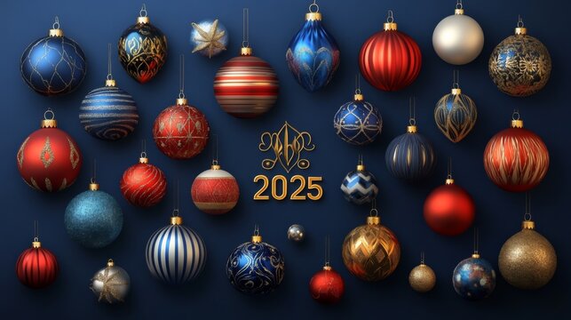 Digital illustration collection Christmas ornaments arranged grid-like pattern Festive decorations featuring colorful